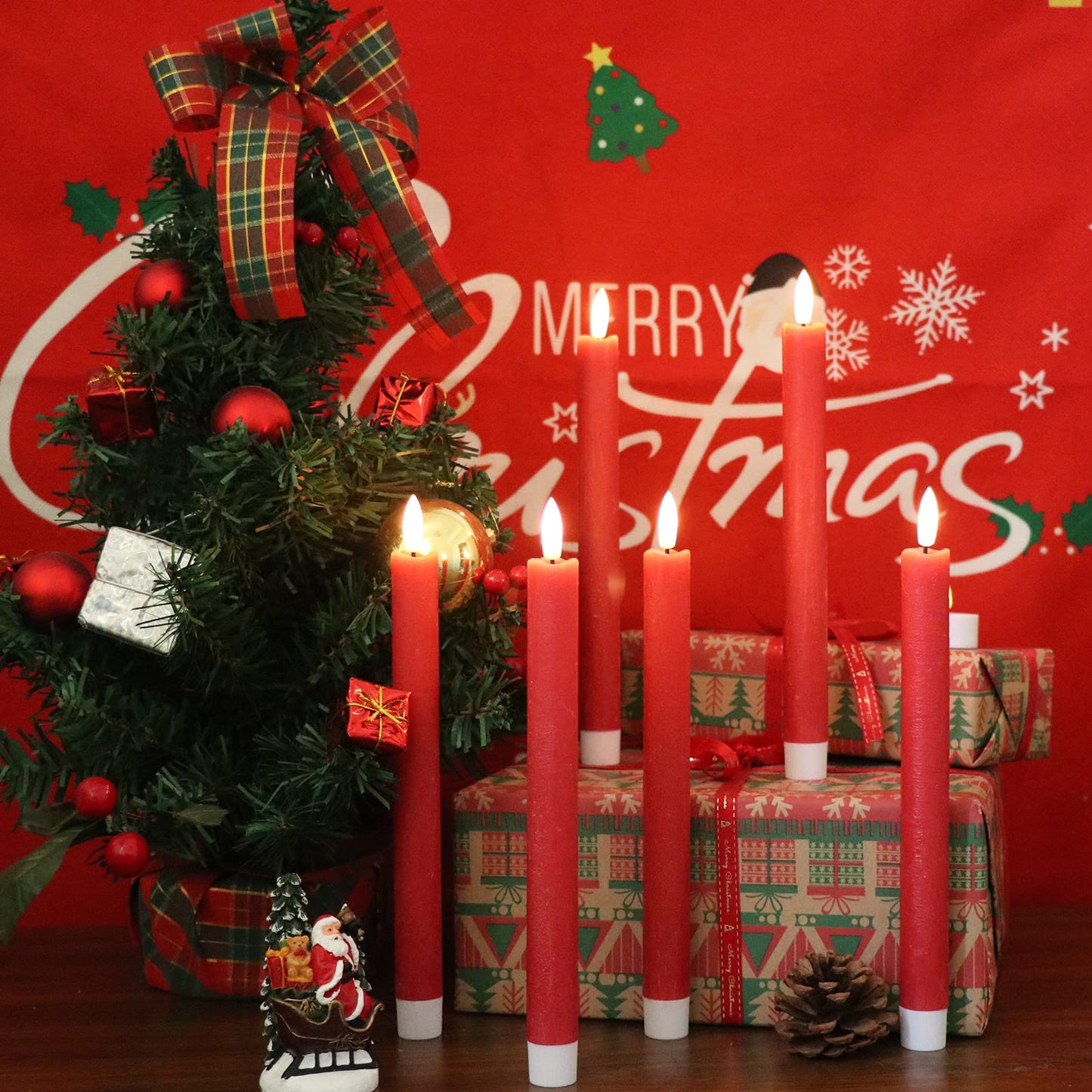 GenSwin Flameless Red Taper Candles Flickering with 10-Key Remote, Battery Operated Led Warm 3D Wick Light Window Candles Real Wax Pack of 6, Christmas Home Wedding Decor(0.78 X 9.64 Inch)