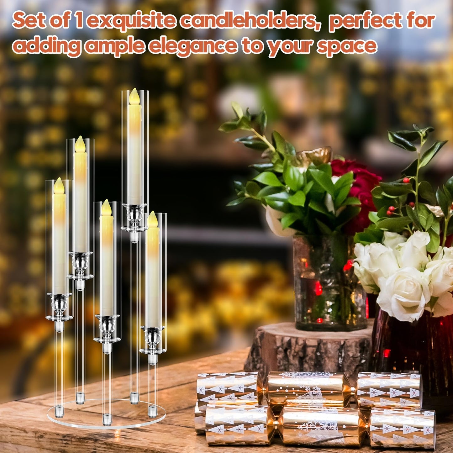 6 Set 5 Arm Acrylic Candle Holder with Candles, Mjkeomo 22.8'' Tall Table Candelabra Centerpiece, Lightweight Candelabra with Lampshades for Fireplace Mantel, Wedding, Housewarming Gift