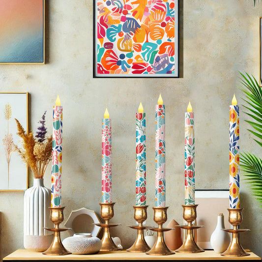 Nuanchu 6 Pcs Floral Flameless Taper Candles 10.6 Inch Decorative LED Candles for Mother's Day Home Decor Battery Operated Candlesticks for Boho Cottagecore Wedding Decorations Table Centerpieces