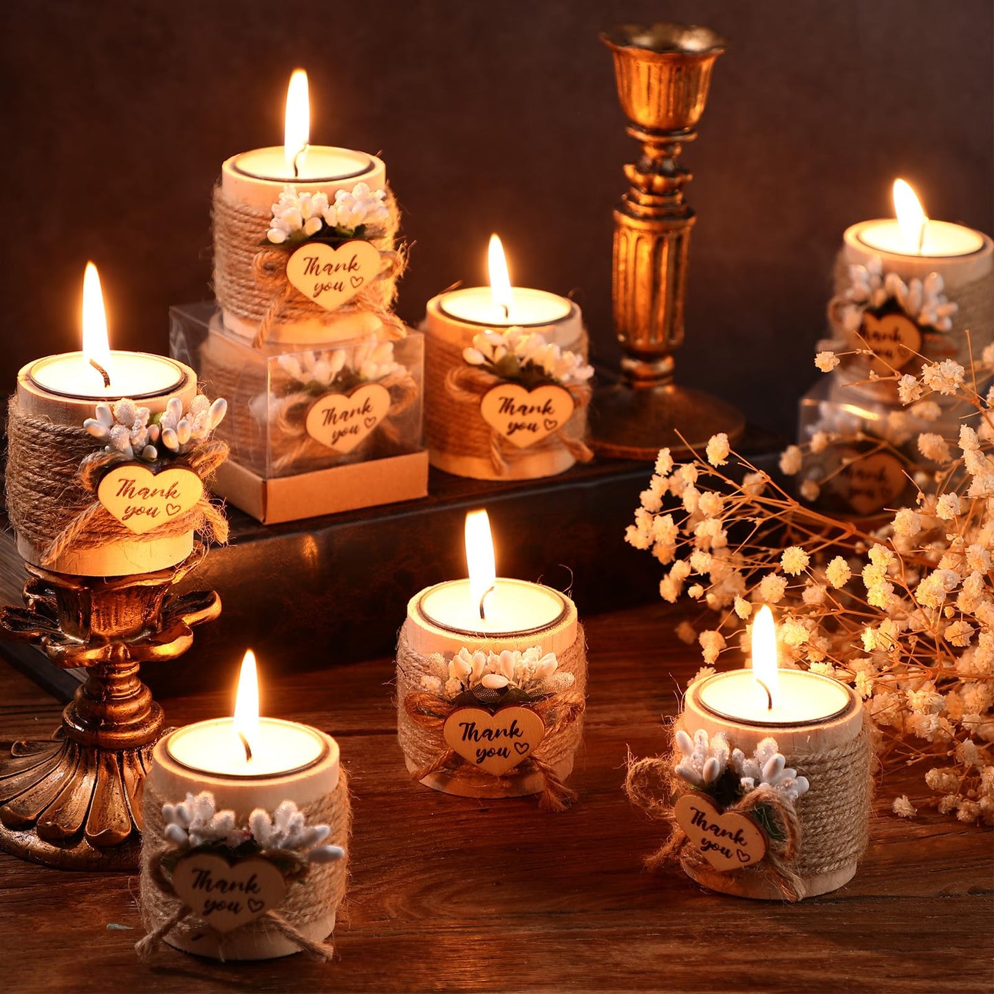 Retisee Wedding Candle Favors for Guests Bridal Shower Wood Memorial Tealight Candle Holder Thank You Gifts Handmade Candles for Wedding Baby Shower Housewarming Table Centerpiece(24 Sets)