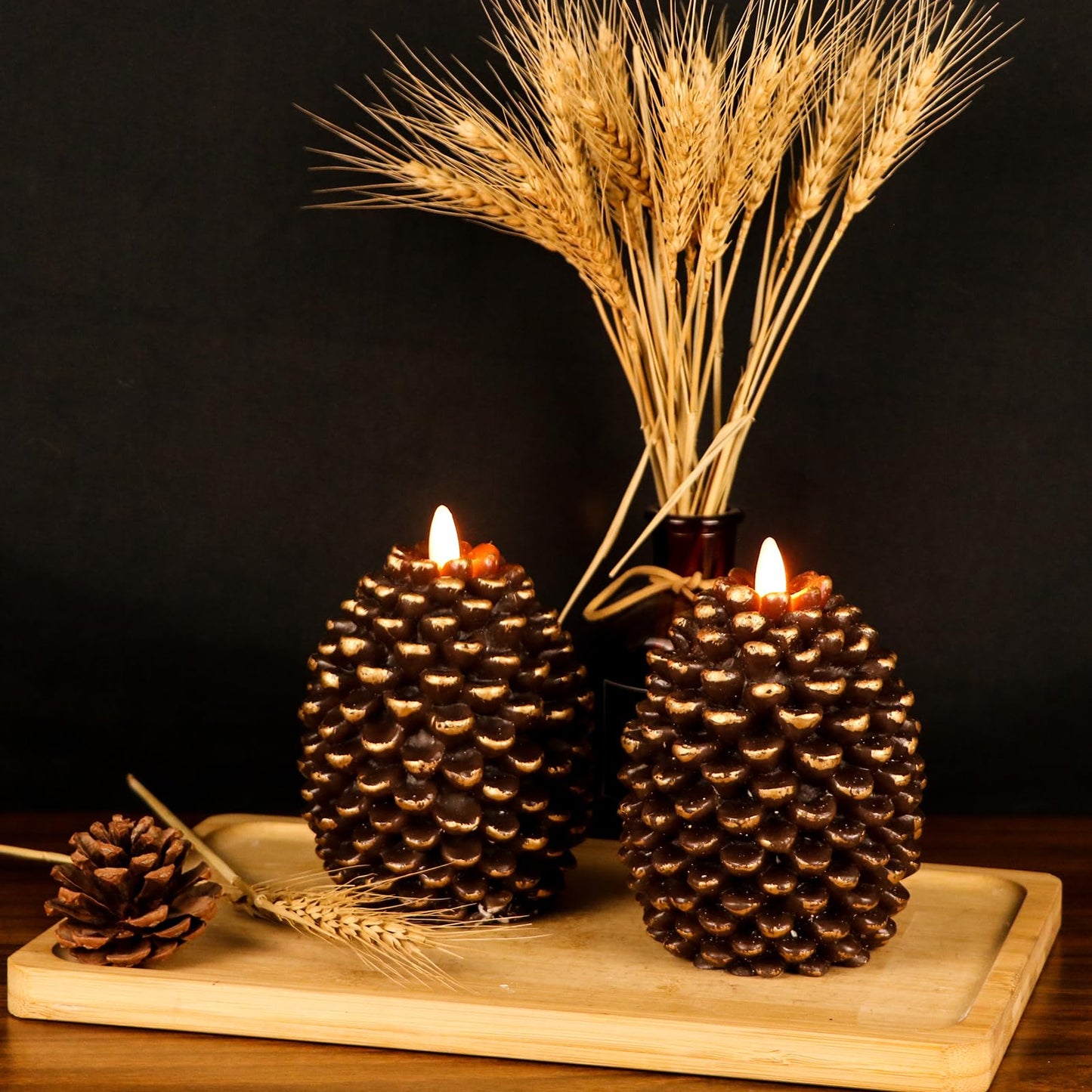Eldnacele Christmas Flameless Candles with 6 Hour Timer, Battery Operated Hand Painted Pine Cone Real Wax 3D Wick Flickering LED Pillar Candles for Dinner Indoor Holiday Xmas Decor(2Pcs, D3×H5.7)