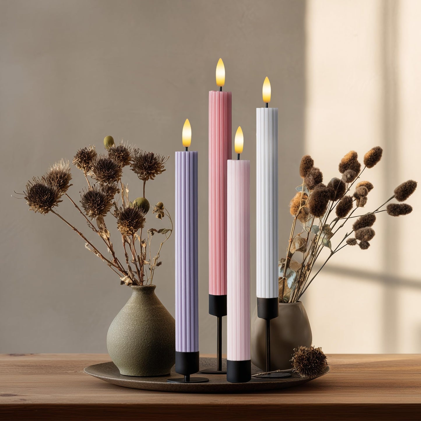 West Ivory Dusty Mauve Coordinated Pinkish Lilac 4 Pack, 10" Real Wax LED Flameless Fluted Ribbed Grooved Taper Candles, Remote & Timer, On/Off Button, Dimmable, Battery Operated, Menorah Wedding