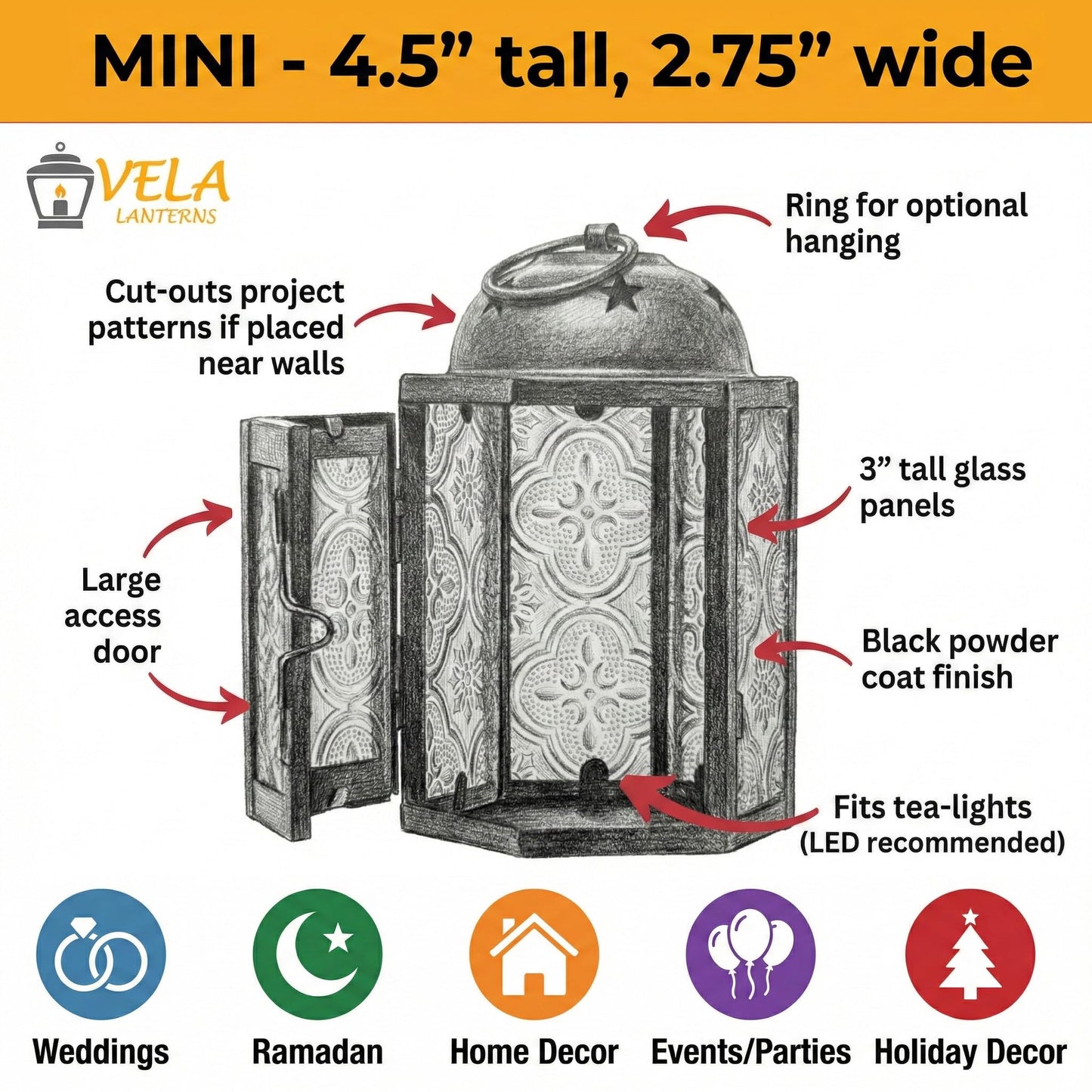 VELA LANTERNS Mini Moroccan Tea Light Candle Holder Lanterns – 4.25" Small Decorative Lantern for Table or Hanging, Metal with Glass Panels – Ramadan, Wedding, Home Decor, Frosted Clear (Set of 4)