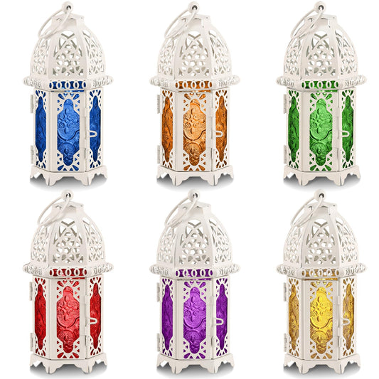 Mumufy 6 Pcs Moroccan Lanterns Ramadan Lantern Eid Decorations for Home Gold Lamp Decor Vintage Decorative Eid Mubarak Hanging Candle Lantern for Party Decor Indoor Outdoor (White)