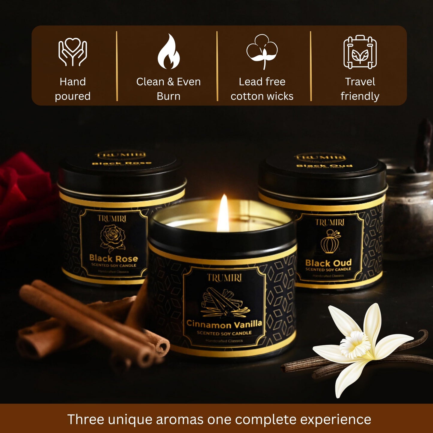 Candle Gift Set of 3 Black Oud|Cinnamon Vanilla|Black Rose Strong Scented Soy Candels Clean Non Toxic Velas Aromáticas Favors for Women Coworkers Friends Guests Also for Diwali Christmas Holidays