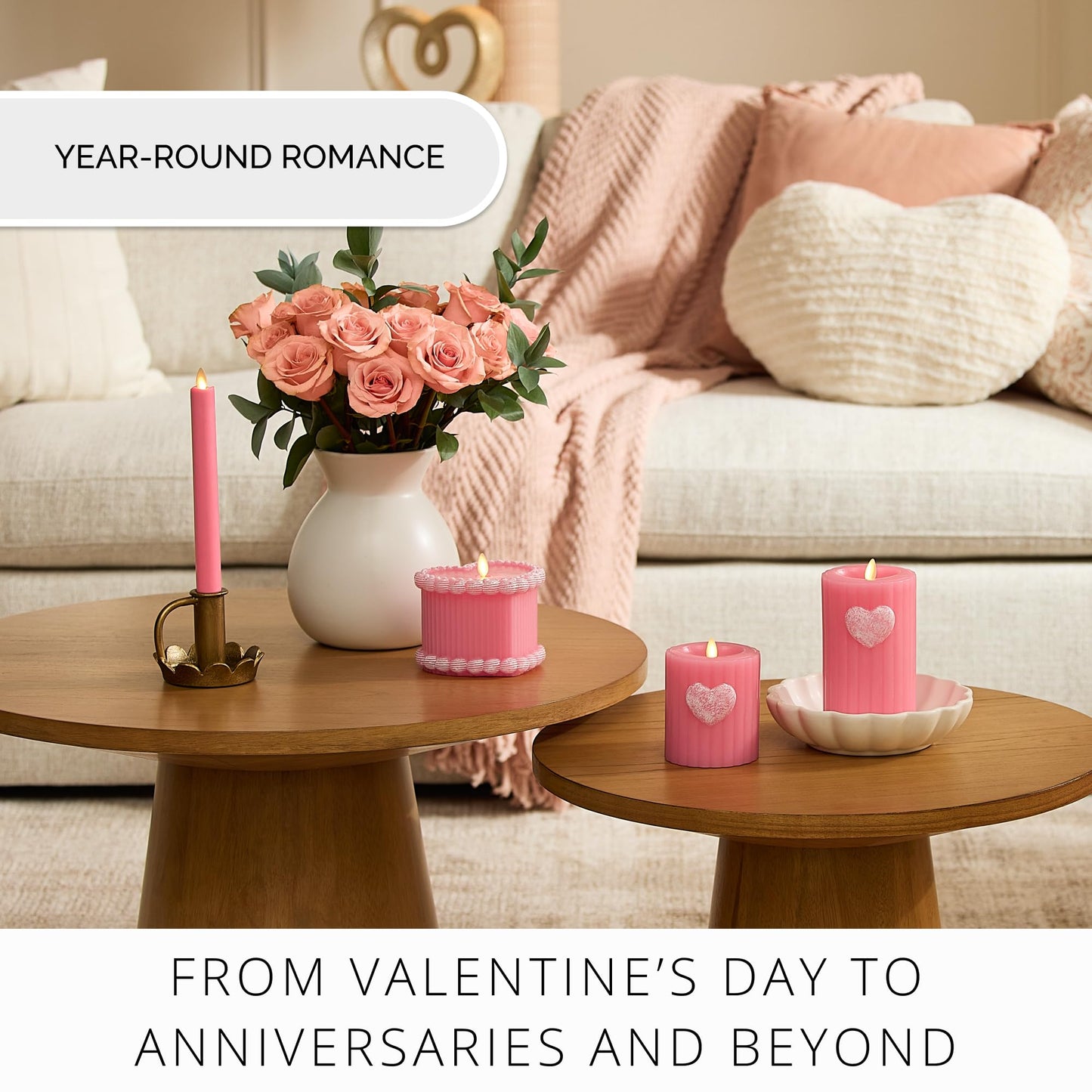 Luminara Flickering Flameless 3.7" x 6.5" Pillar Candle, Battery Operated Remote Ready (Sold Separately) & Timer Function, LED Light, Ribbed Real Pink Wax w/Embossed Heart Design for Valentine's Day