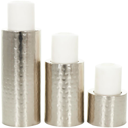 CosmoLiving by Cosmopolitan Metal Handmade Pillar Candle Holder, Set of 3 11", 7", 4"H, Silver