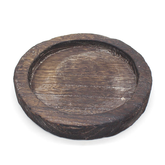 CVHOMEDECO. Primitives Solid Wood Decorative Plate Vintage Round Hand Carved Wooden Candle Plate Rustic Treenware Home and Office Décor Art, Dia. 8 Inch