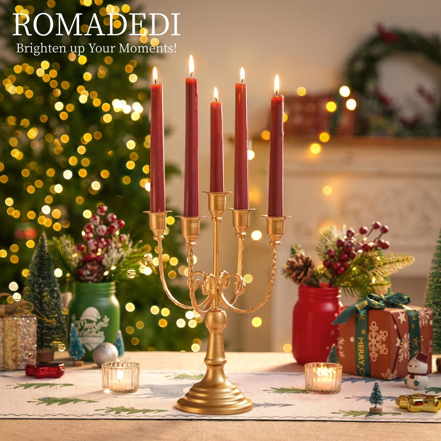 Romadedi Candelabra Gold Candle Holders - 5 Arm 11.8" Wedding Candlestick Holder for Theme Party Table Centerpiece Decor Dining Room Birthday Holiday Christmas, Set of 6