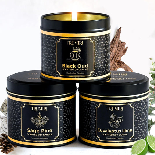 Candle Gift Set of 3 Black Oud|Sage Pine|Eucalyptus Lime Strong Scented Soy Candels Clean Non Toxic Velas Aromáticas Favors for Women Coworkers Friends Guests Also for Fall Diwali Christmas Holidays