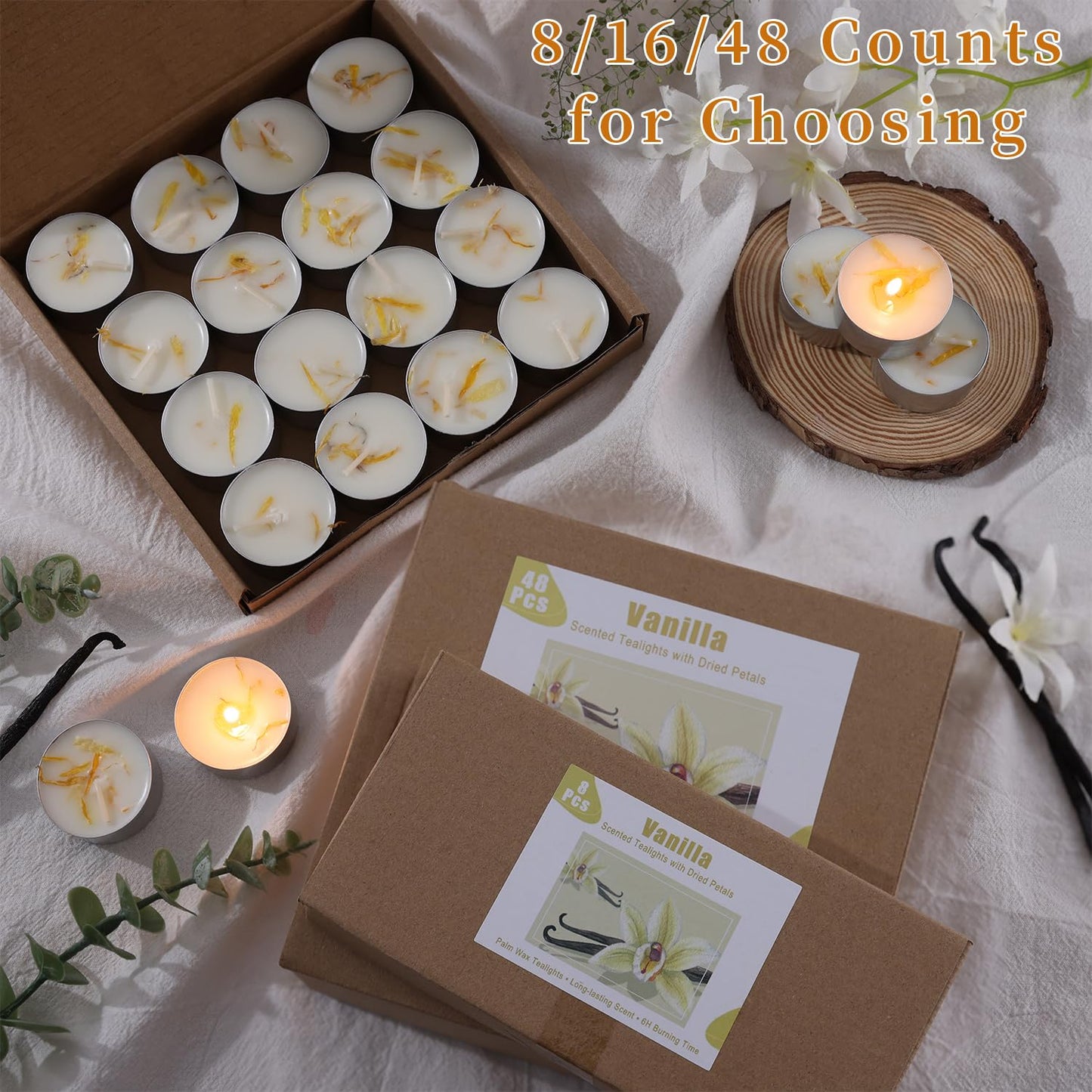 48 Pcs Vanilla Scented Tealight Candles, 6H Long Burning - 100% Palm Wax Based Scented Tea Lights with Dried Flowers, Non-Toxic/Smokeless Tea Lights Candles Bulk for Spa, Bath, Wedding