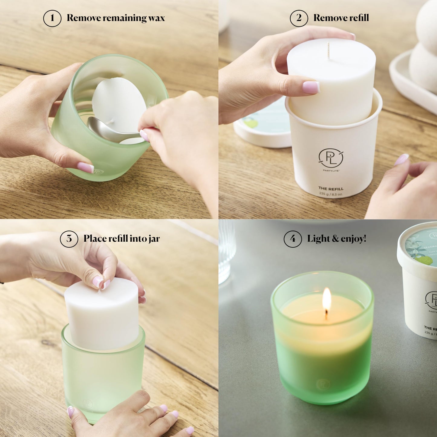 PartyLite Seagrass Eucalyptus Scented Candle Refill, Notes of Eucalyptus, Lemon, Seagrass & Driftwood, 10oz 1-Wick, up to 40 Hours of Luxury, Aromatherapy, Sustainable Premium Soy Wax