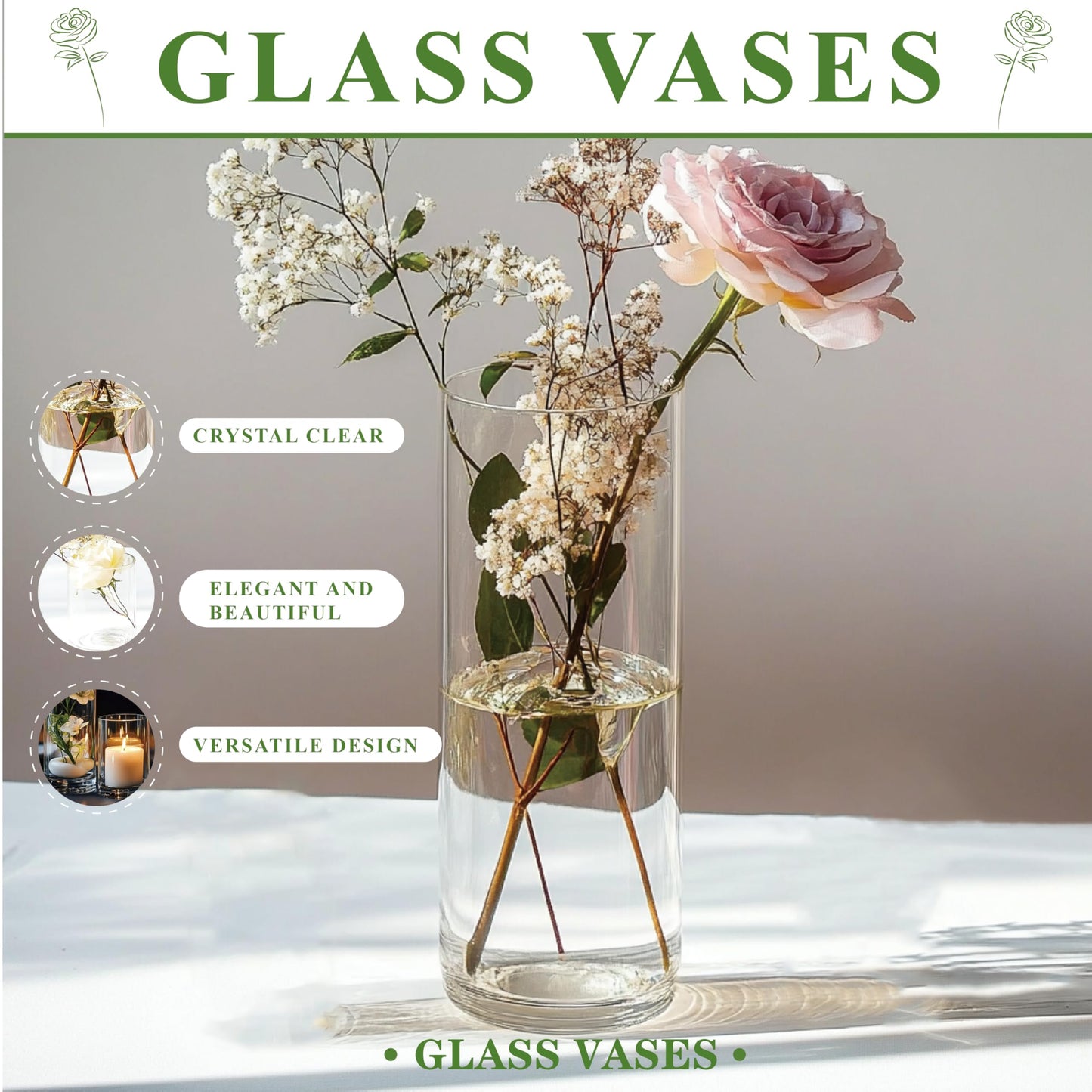 Zomiol 30pcs Glass Cylinder Vase for Centerpieces, 6,8,10,10,12 inch Tall Big Clear Flower Vase Bulk Floating Candle Holder for Wedding Table Home Décor and Party