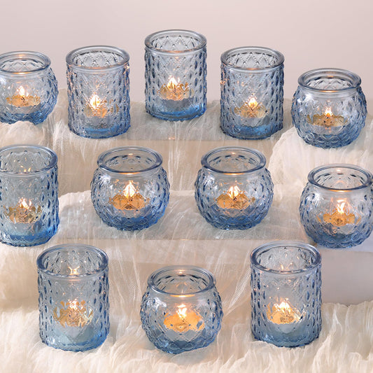 DARJEN 12Pcs Blue Votive Candle Holders- Glass Candle Holder for Vintage Decoration, Tea Lights Candle Holders for Wedding, Party Table Centerpieces & Gift