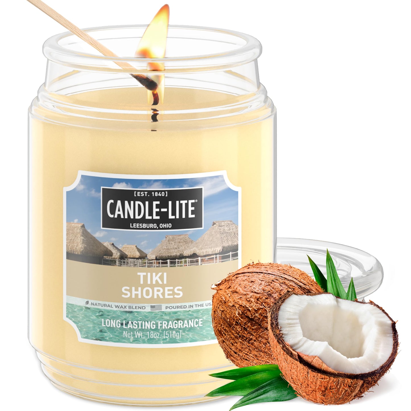 Candle-lite Scented Candles, Tiki Shores, 18 oz Jar, Proudly Poured in The USA, Aromatherapy Candle, Single-Wick with 110 Hours of Burn Time, Perfect for Creating a Refreshing Ambiance