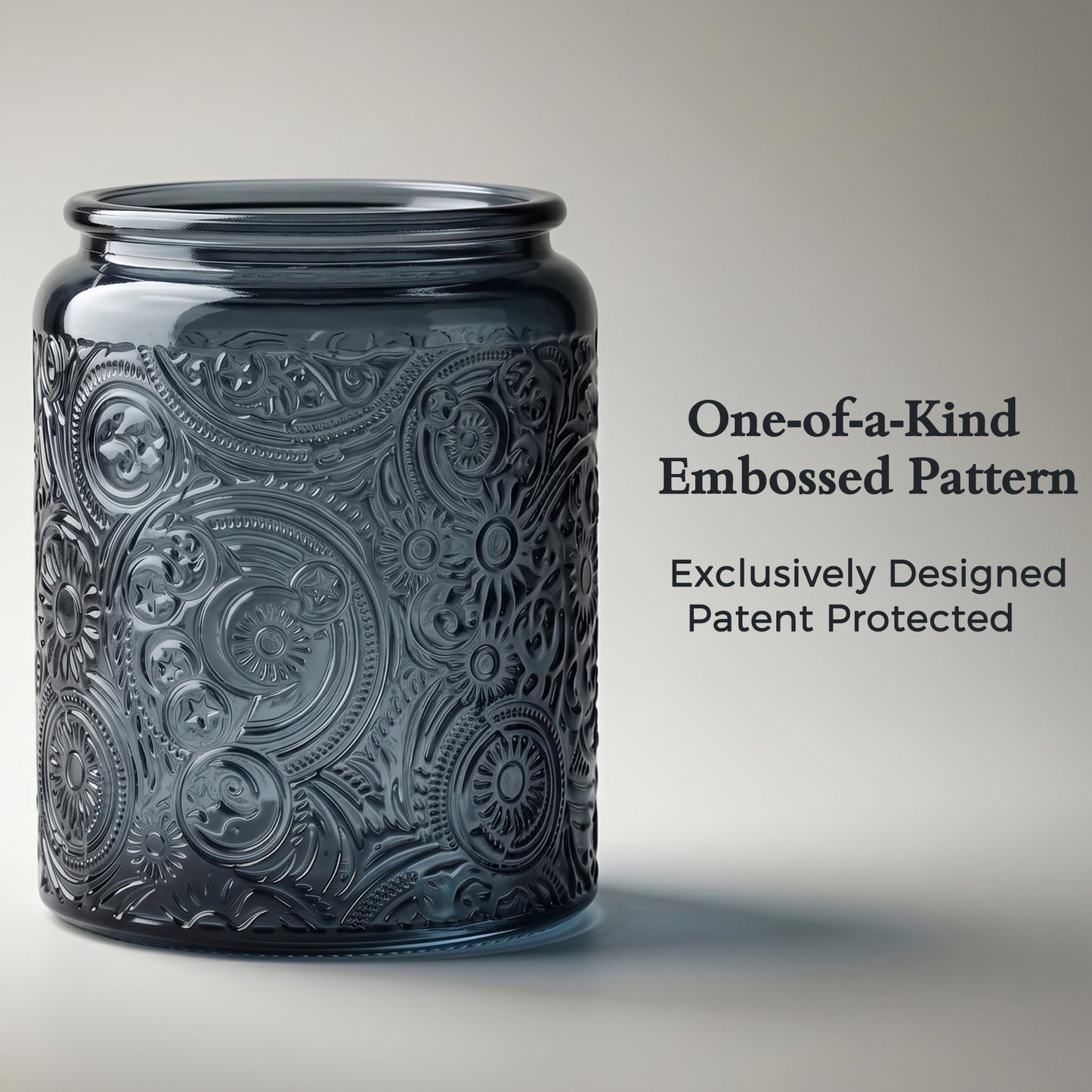 Art Secret 9-Pack 8oz Embossed Glass Candle Jars with Lids and Labels - Sun Moon Stars Design (Gray)