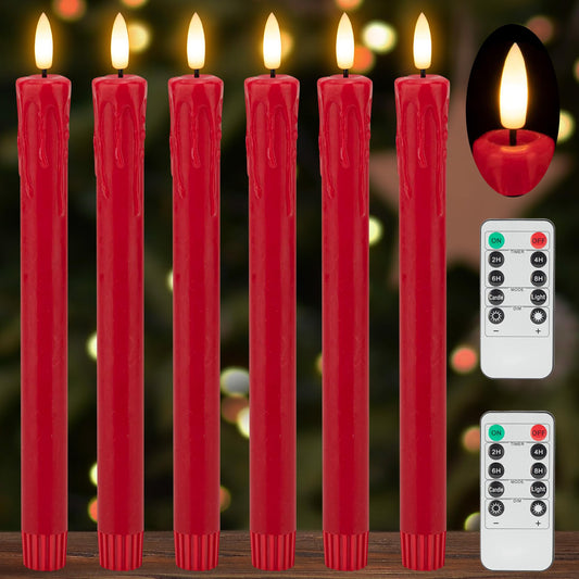 JOIONE Flameless Taper Candles with Remote Timer, 9.6" Red Real Wax Flickering Battery Operated Warm Light Electric LED Candle, Perfect for Christmas Party Wedding Decoration (6 Pack)