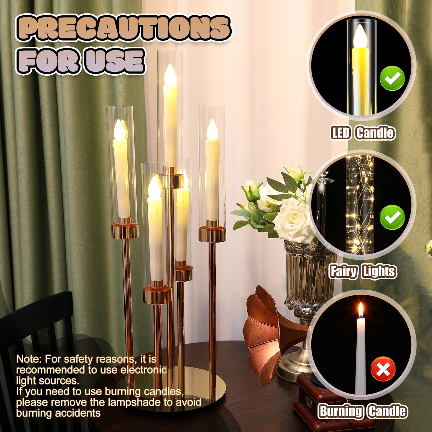 Tandefio 8 Set Gold Candelabra Centerpieces for Tables, 26.8 Inch 5 Arm Candle Holders with LED Candles and Acrylic Cylinders, Tall Acrylic Wedding Table Centerpieces for Reception Dinner Party Decor