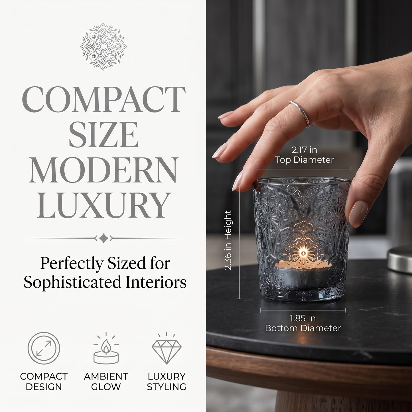 12 Pack Mandala Embossed Glass Candle Holders – Votive Tealight Holders with Patent Design, Decorative Embossed Glass Cups for Wedding Centerpieces, Parties, and Home Décor (Smoky Quartz)