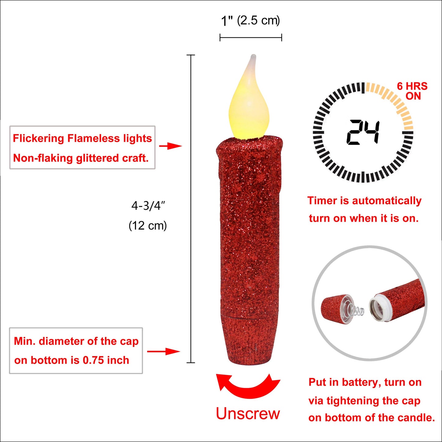 CVHOMEDECO. Glitter Flameless Candles Flickering Battery Operated LED Taper Candles with Timer for Home, Wedding, Halloween, Christmas Decor. Red, 4-3/4 Inch, Set of 2