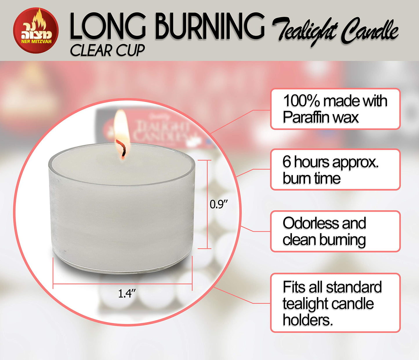 Ner Mitzvah Long Lasting Tealight Candles - 6 Hours - White in Clear Cups - Unscented - 40 Pack - Made in EU