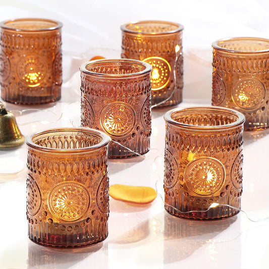 DEVI 24pcs Vintage Amber Votive Candle Holders, Amber Glass Tea Lights Candle Holder for Baby Shower, Boho Wedding Decorations, Vintage Boho Party Home Fall Centerpieces Table Decoration