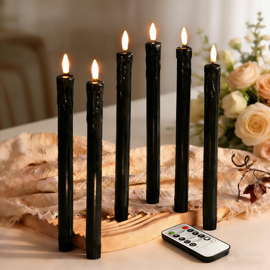 Eywamage Black Dripping Wax Flameless Taper Candles with Remote, Flickering LED Wax Candlesticks Battery Operated Set of 6