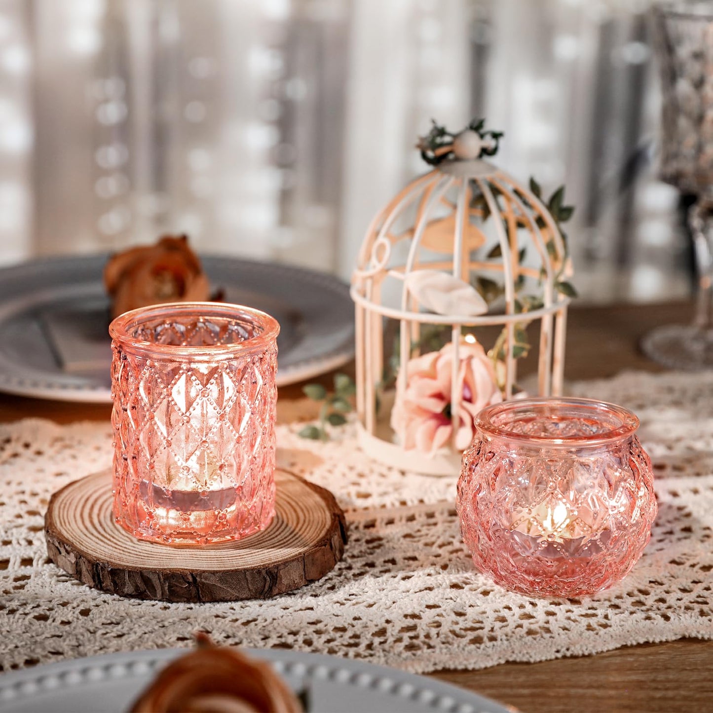 DARJEN Pink Votive Candle Holders Set of 24- Round Glass Candle Holders Bulk for Flameless LED Tea Waxes, Romantic Candle Holder for Wedding & Various Parties, Home Table Decor