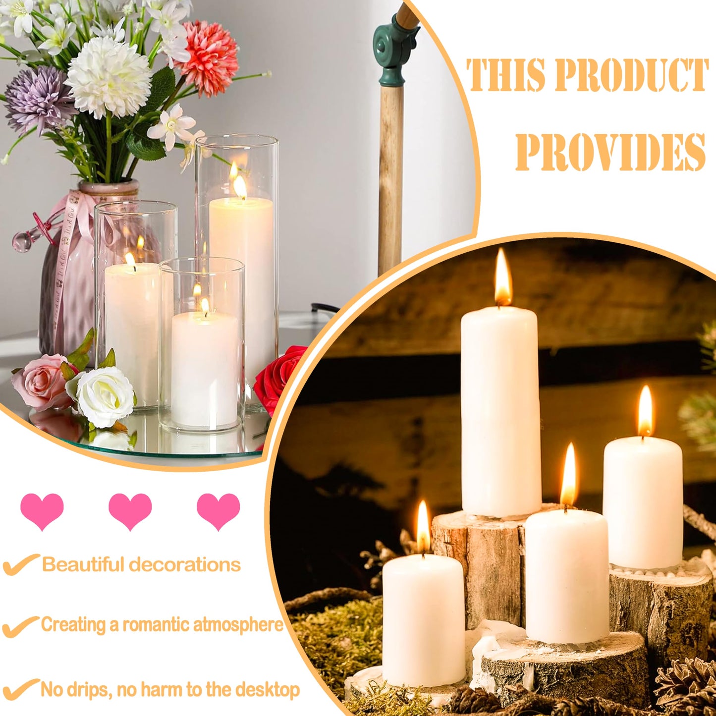 Veiuwa 36 Pcs Ivory Pillar Candles Bulk Set，2x3 2x6 2x8 Inch - 12 Each Size，Hurricane Candles，Dripless Unscented Smokeless，Gives You a Better Atmosphere When Organizing Wedding or Event Party.