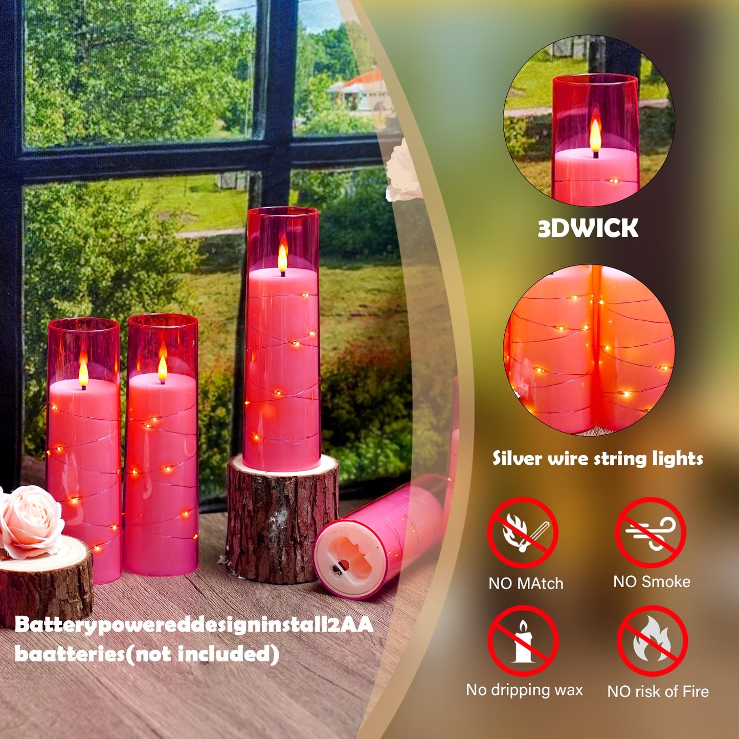Flameless Candles,with Embedded Star String, Battery Operated Candles Flickering LED Pillar Candles with Remote Control and Timer, Home Decoration Add a Warm and Romantic Atmosphere，Set of 7 (Pink)