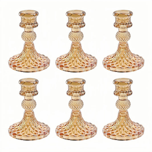 ECHFSM Glass Candlestick Holder,Striped Taper Candle Holders,Set of 6 Candle Stand for Table Centerpieces, Home Decor,Weddings,Festival and Parties (Amber Dimond Pattern)