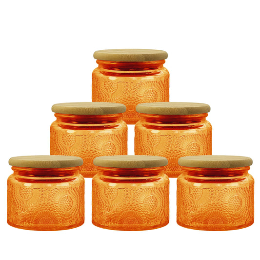 LINGSHINE 4 oz Amber Mini Glass Jars with Airtight Bamboo Lids 6 pack, Decorative Small Food Storage Canister, Vintage Embossed Home Decor Candle Parties Wedding Baby Shower Favors Gift