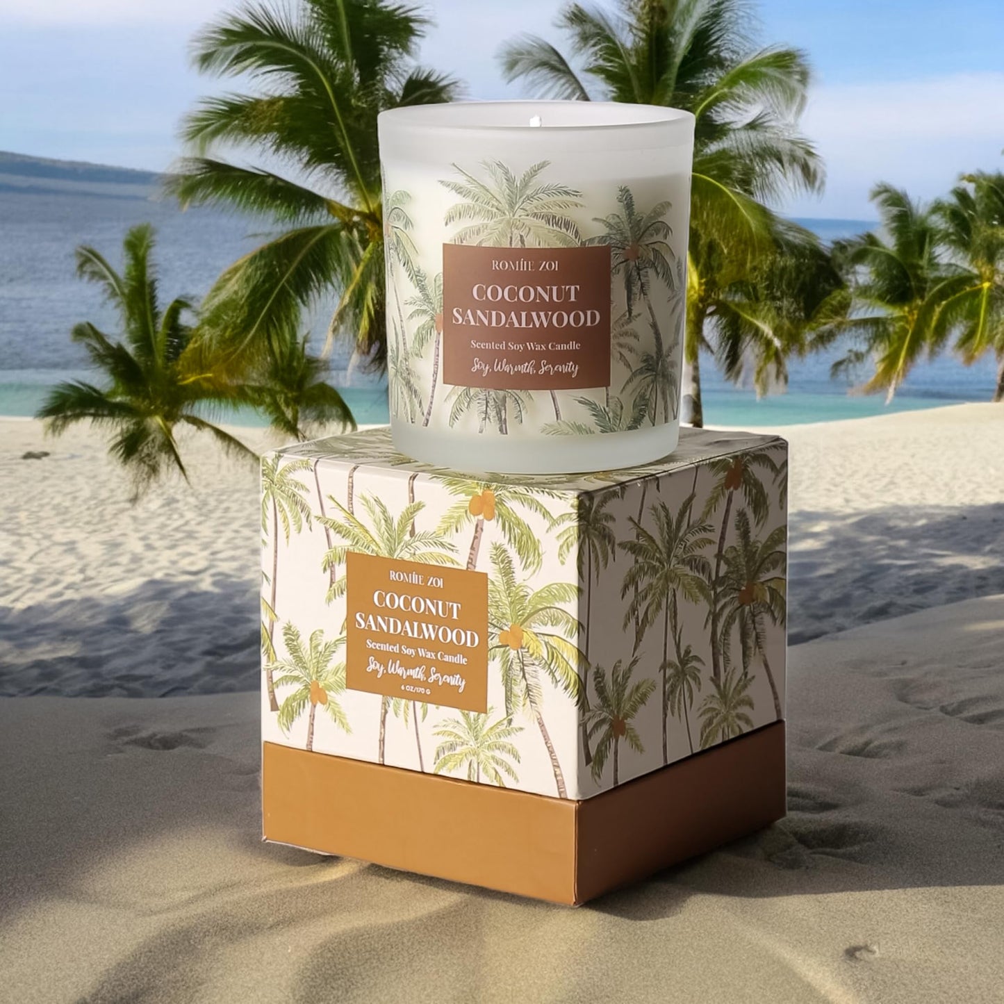 ROMIIE ZOI Coconut & Sandalwood Scented Candle - 6oz Soy Wax Candle for Home Scented, Stress Relief Candle Gifts for Women/Men
