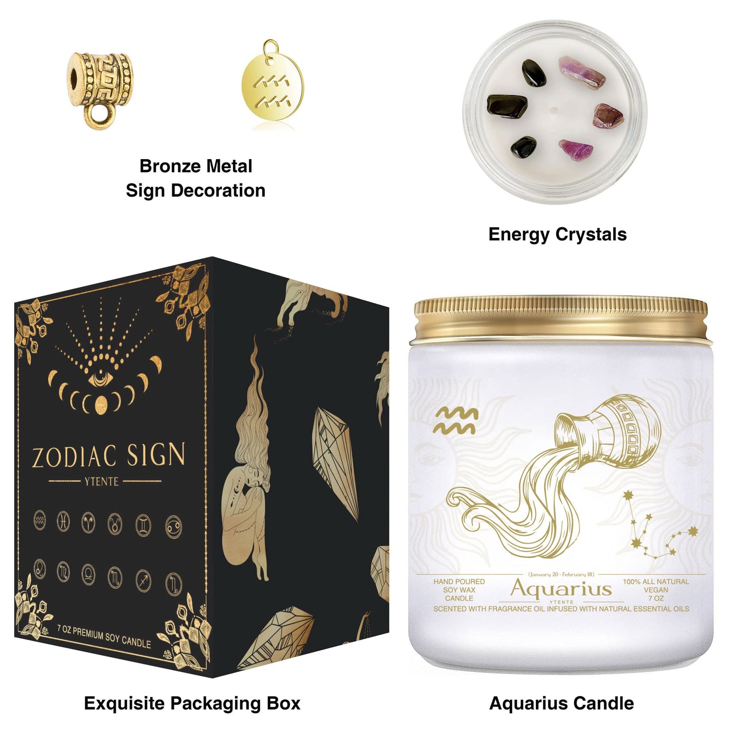 YTENTE Aquarius Gifts - Zodiac Sign Crystals Candles, Scented Soy Candles for Mom, Women, Sister, Anniversary, Birthday