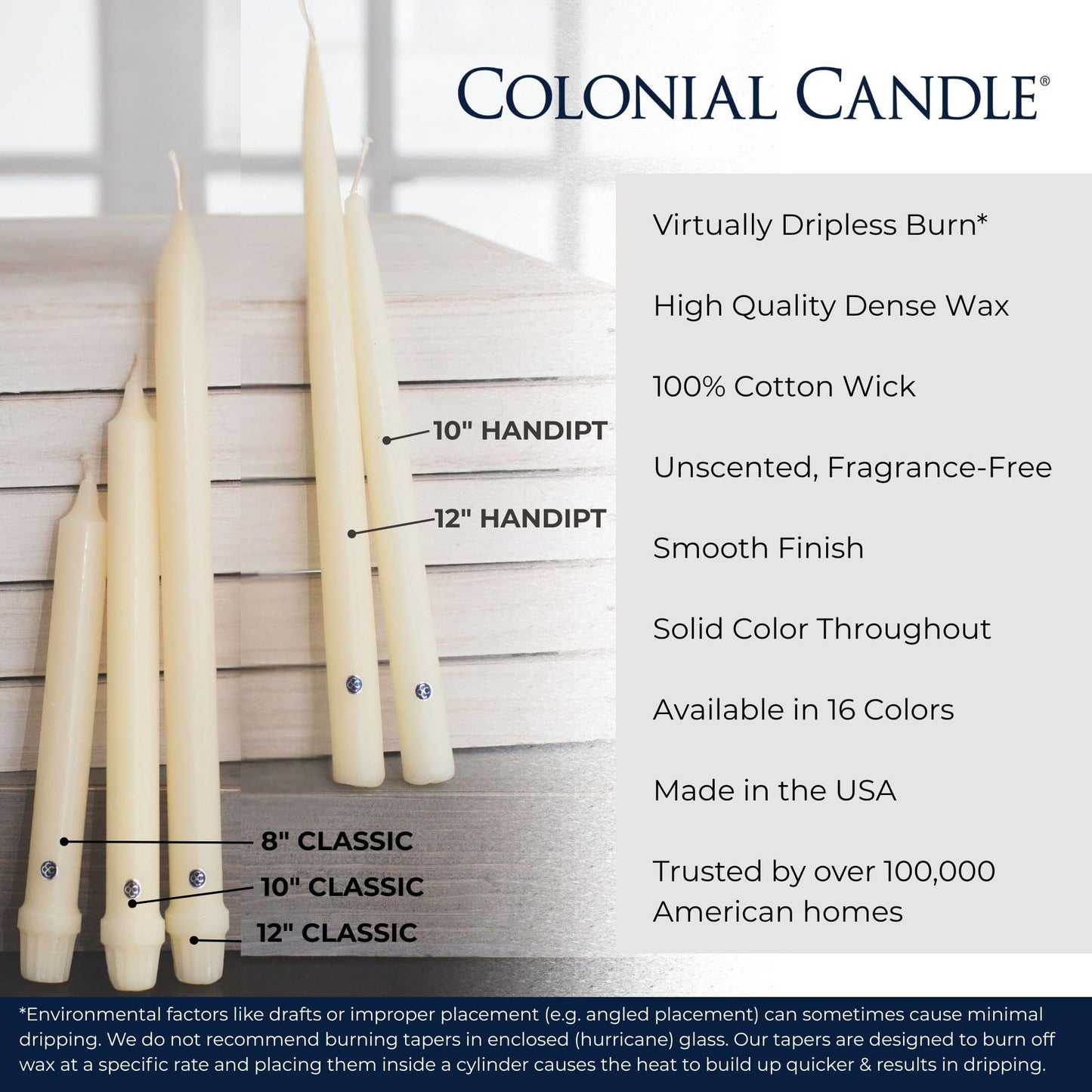 Colonial Candle Unscented Taper Candle, Handipt Collection, Coastal Blue, 12 in, Pack of 12 - Up to 10 Hours Burn