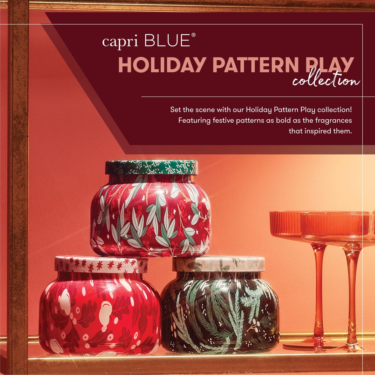 Capri Blue Pattern Play Signature Holiday Candle - Luxury Holiday Scented Candle for Home- Long Lasting Soy Wax Blend - Comes in Decorative Glass Jar (Tinsel & Spice, 19 oz)