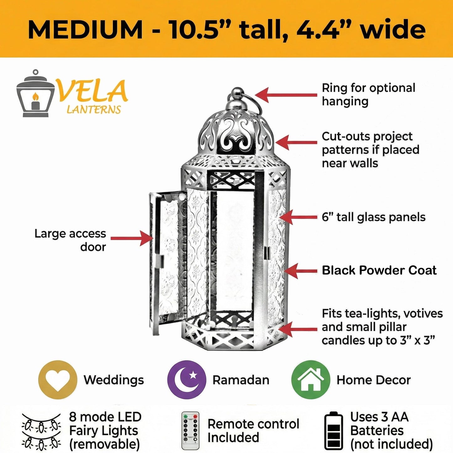 Vela Lanterns Decorative Indoor Moroccan Candle Holder & LED Fairy Lights -Twinkle Turkish Lamp, Fantasy Home Decor Table Centerpieces, Hanging Outdoor Patio Porch Wedding Ramadan (10.5", Multi)