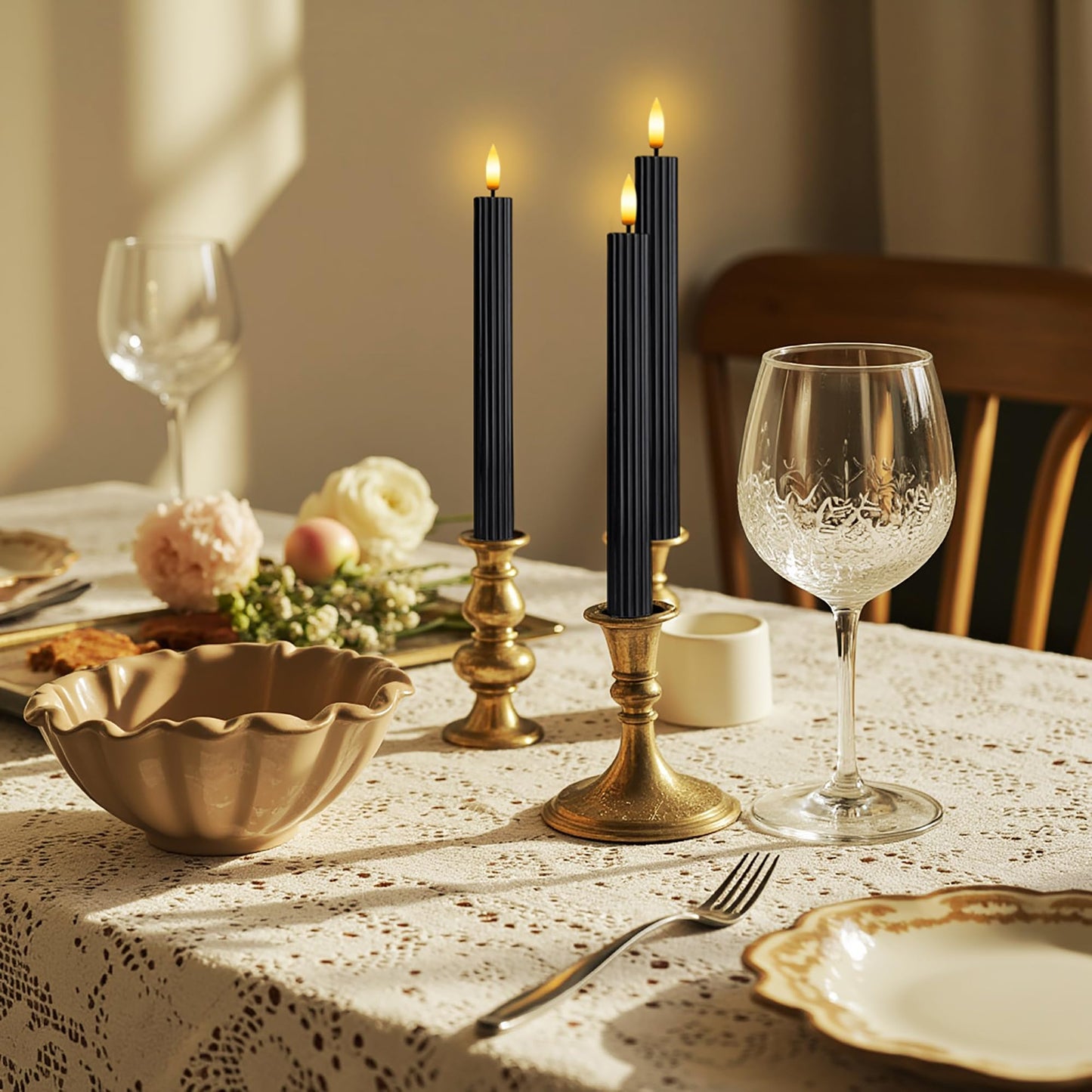 West Ivory 12 Pack, 10" LED Flameless Black Fluted Ribbed Grooved Taper Candles, Remote & 24h Timer Memory, On/Off Button, Dimmable, Flicker Mode, Battery Operated, Christmas Menorah Wedding