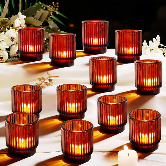 Dyrfolm 12 Pcs Amber Votive Candle Holders, Glass Tealight Holder, Vintage Amber Glass Tea Light Candles Holders for Centerpiece Birthday Party Wedding Home Decor