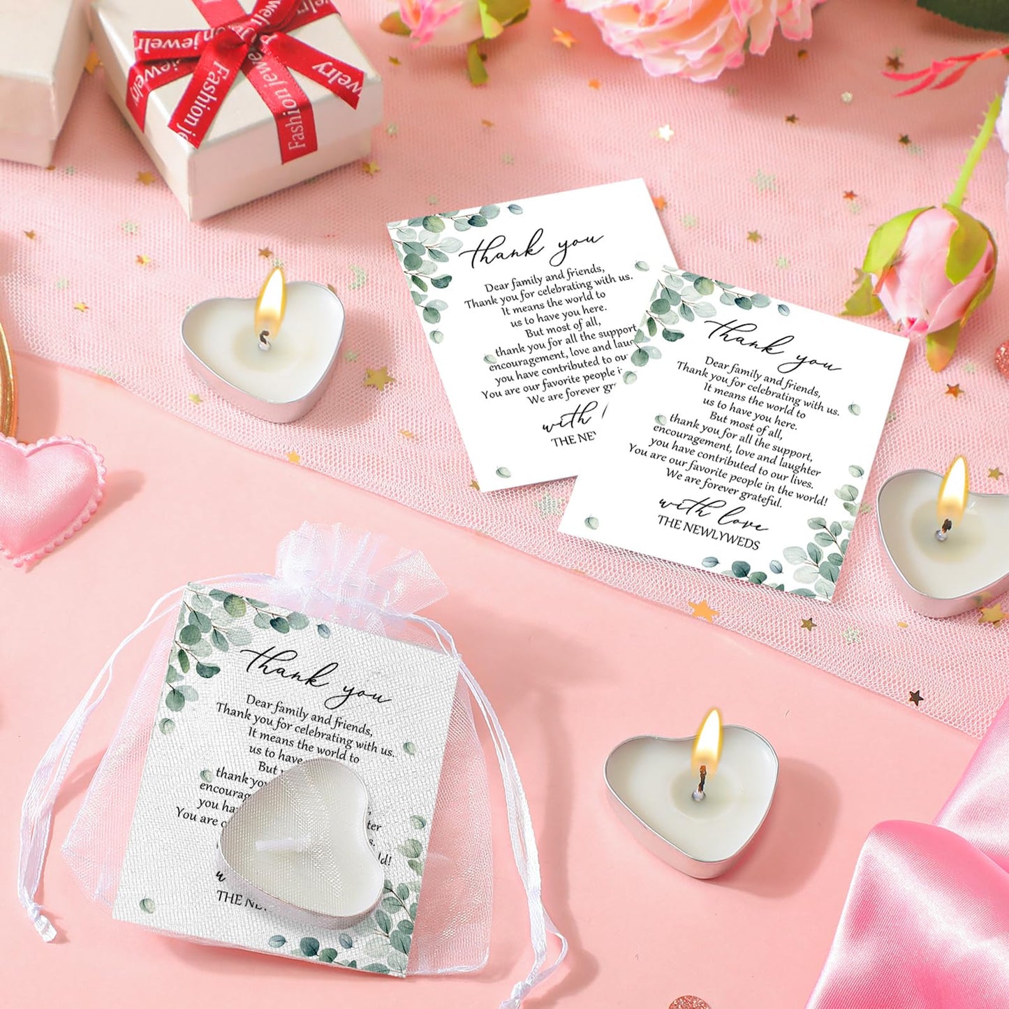 Threlaco 200 Sets Wedding Favors for Guests Bulk Mini Heart Shaped Candles Wedding Party Favors for Guests with Thank You Cards and Organza Bags Bridal Shower Party Souvenir Candle Gifts