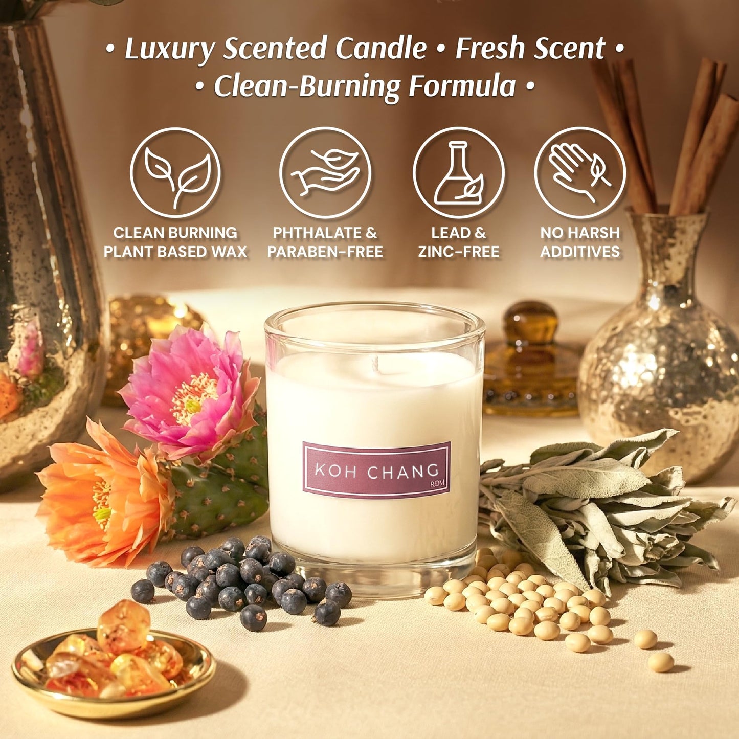 KOH Chang Luxury Scented Candle – Natural Plant Based Wax, 9oz – Bergamot, Kaffir Lime, Lemongrass & Jasmine - Long Lasting 60 Hour Burn – Non-Toxic, Hand-Poured in USA for Home