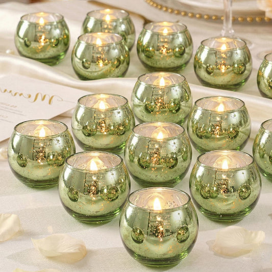 LAMORGIFT 24 Pcs Green Candle Holder for Wedding Decor- Sage Green Mercury Glass Votives for Bridal Shower, Tea Party Table Centerpieces, Vintage Rustic Wedding