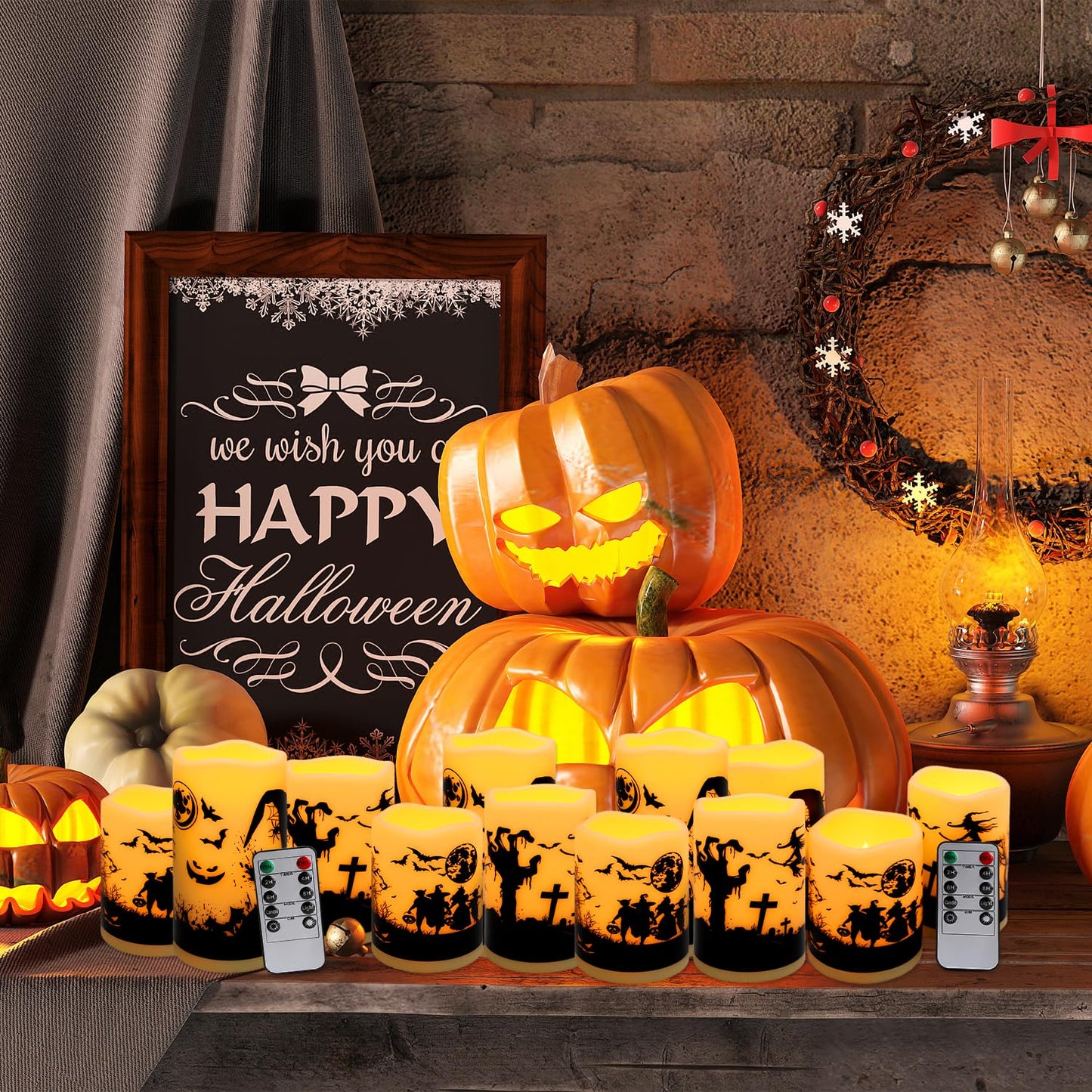 CAKETYCG 12-Pack Halloween Ink Painting Large Electronic Waxes with Remote Control, Flameless LED Candles for Halloween Spooky, Halloween Ambient Sense Artifacts.