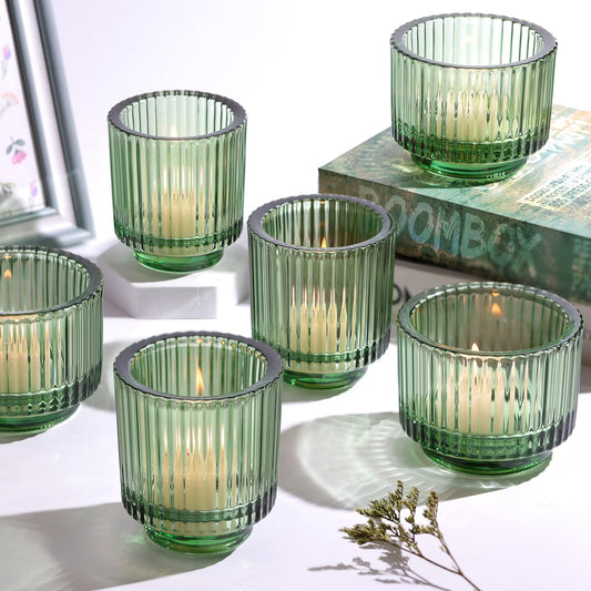 MATAHUM 6pcs Assorted Green Votive Candle Holders for Wedding Centerpieces, Vintage Ribbed Tealight Candle Holder for Home Table Decor, Large Glass Candle Holder for Christmas Decor, Bridal Shower
