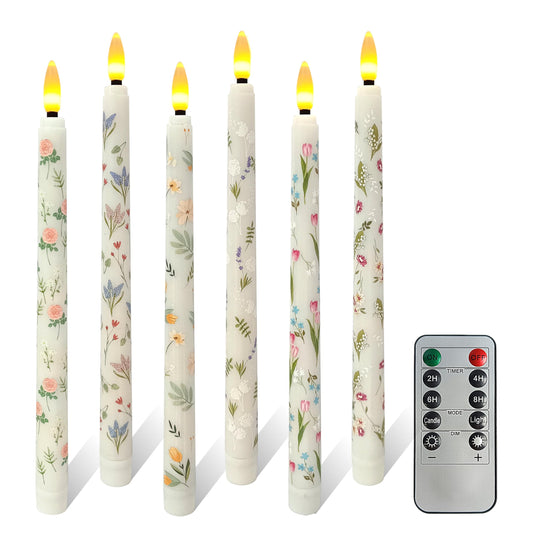FCMSHAMD 6PCS Floral Flameless Taper Candles, 11 Inch LED Candlesticks Battery Operated with 11-Key Remote and Timer, 3D Flickering Flame Lights for Wedding Party Home Decor Gifts