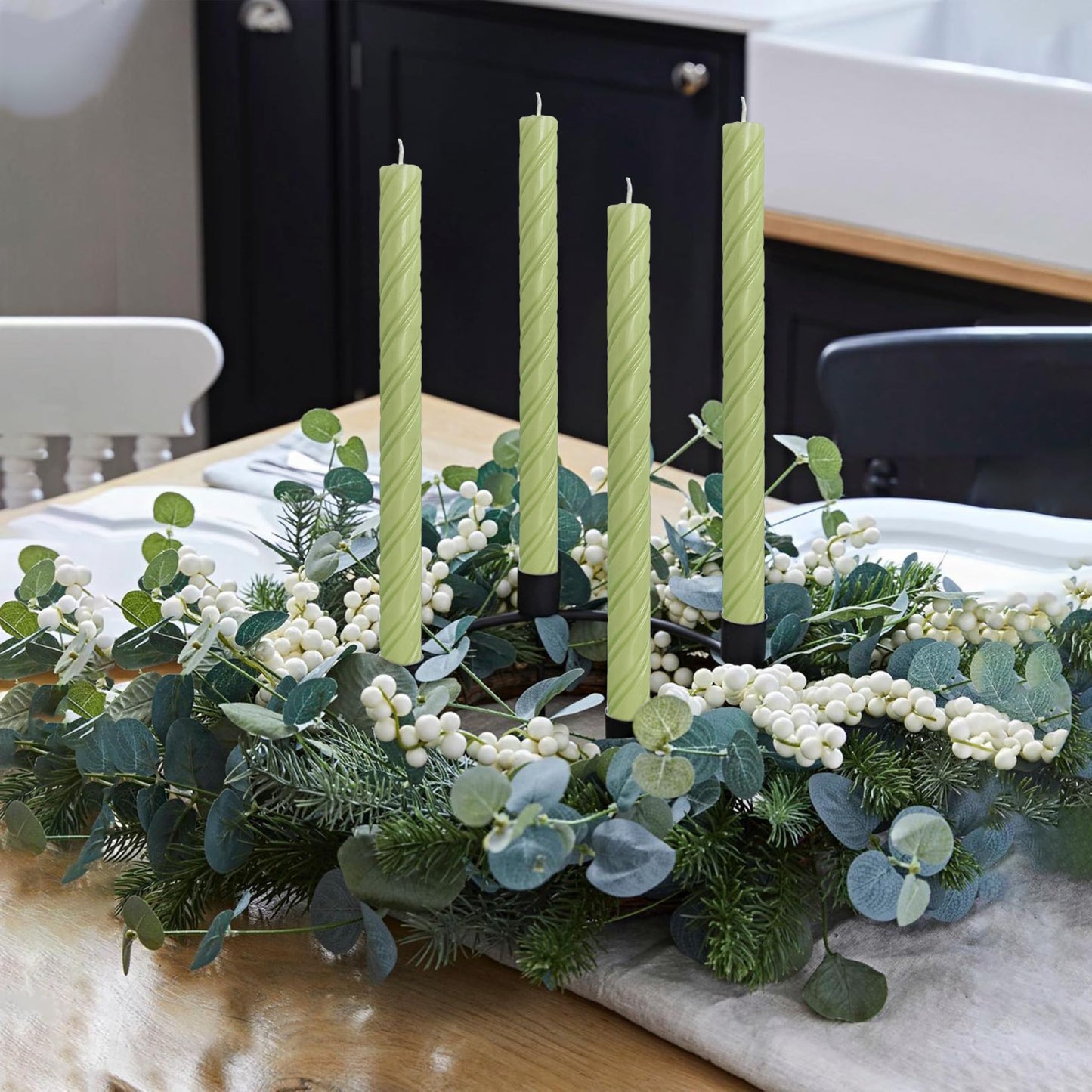4 Pcs Spiral Taper Candle Milk White and Green Unscented Twisted Candlesticks Smokeless Candle Stick for Wedding Dinner Decor Creative Gifts