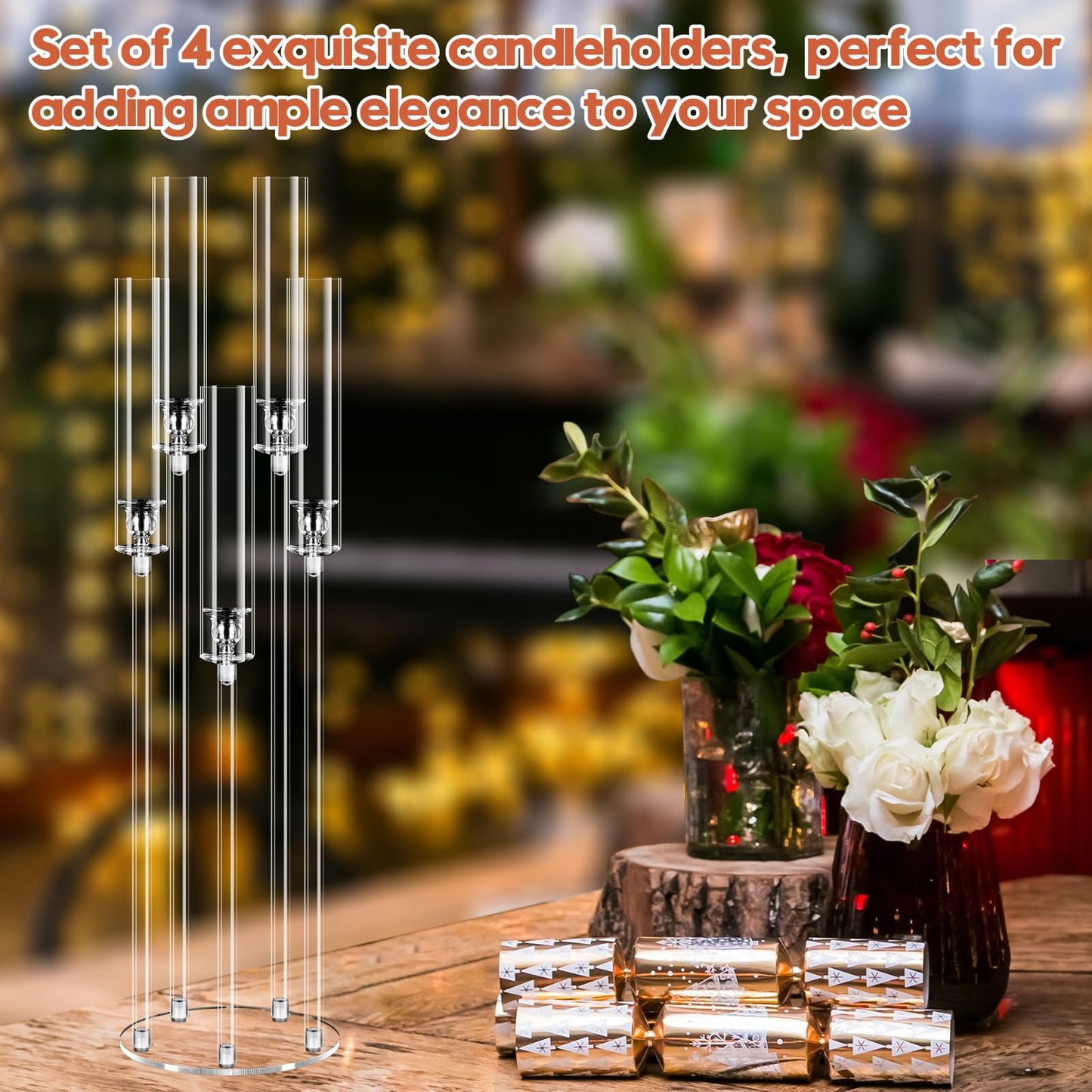 4 Set 5 Arm Acrylic Candle Holder, Mjkeomo 34.6'' Tall Candelabra Centerpieces for Tables Clear Candlesticks Holder with Lampshade for Housewarming Gift Fireplace Dinner Decor Fit 0.87'' LED Candle
