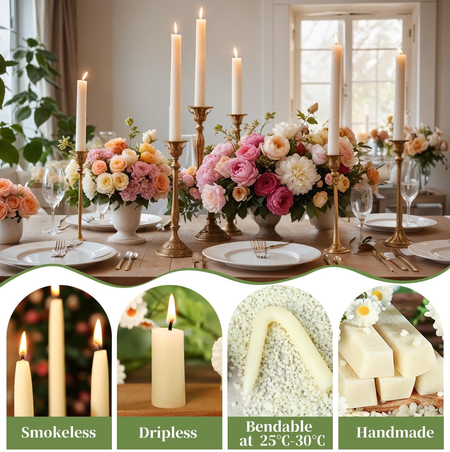8 in Beeswax Taper Candles,18 Pack Dripless Pure White Beeswax Candle Sticks,8 Hours Long Burning Natural Bees Wax Candles for Home,Unscented Smokeless Tapered Candlesticks for Dinner