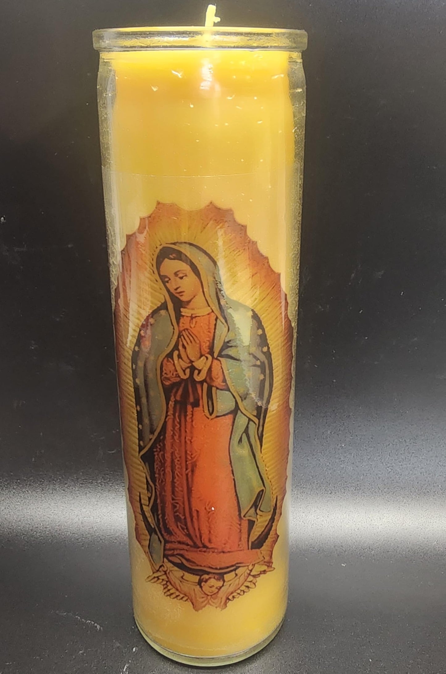 100% Beeswax Devotional Candle, Our Lady of Guadalupe Glass Prayer Candle, 8" H x 2" W, 100 Hours Burning time Made in USA. (6)