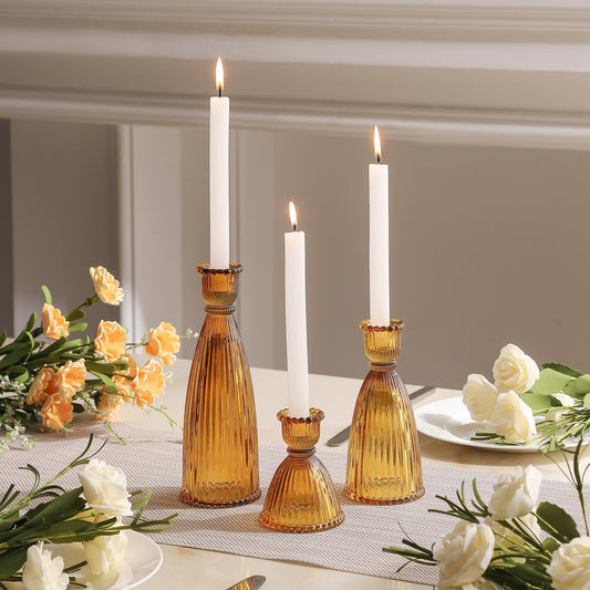 Joyfice Vertical Stripe Candlestick Holders Set of 3, Premium Glass Candle Holders for Candlesticks and Taper Candles, Vintage Candle Holder Decor for Table Centerpiece, Amber